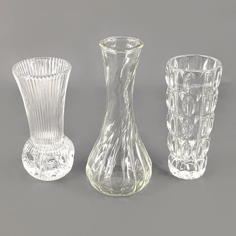 Vintage Clear Glass Bud Vases Set 3 Ribbed Swirl Thumbprint 5 to 6 Inch